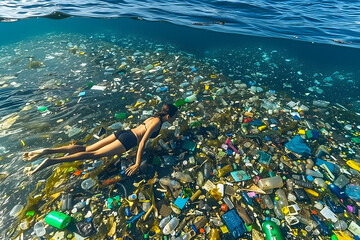 Beautiful young woman swimming dives underwater in ocean or sea full of plastic trash and garbage. Plastic environmental pollution concept. 