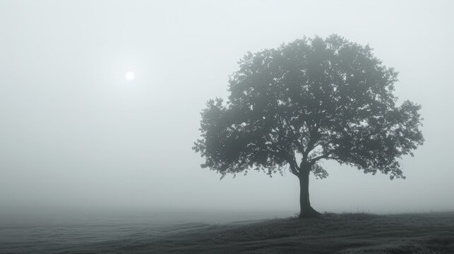 A tree stands alone in a foggy field. The sky is cloudy and the sun is barely visible. The scene is quiet and peaceful, with the tree providing a sense of calmness and serenity