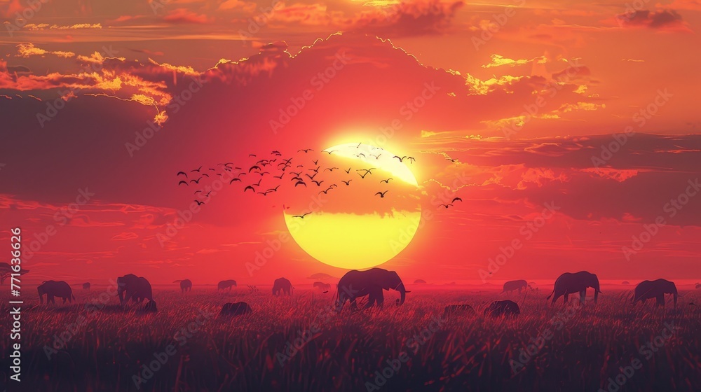 Poster a herd of elephants are grazing in a field with a large sun in the background. the sun is setting, c