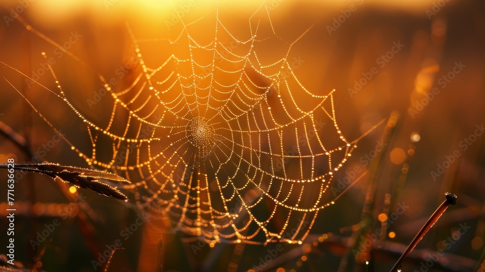 Aufkleber a spider web is shown in the foreground of a field. the web is very intricate and has a lot of detai
