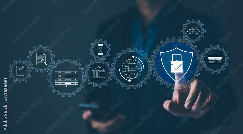Poster cybersecurity management and data protection concept. showcasing a cyber security management interfa