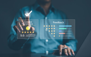 Customer Satisfaction Rating and Feedback Concept. Professional interacting with a digital customer satisfaction survey, emphasizing high-quality service and customer feedback. experience, review, - obrazy, fototapety, plakaty
