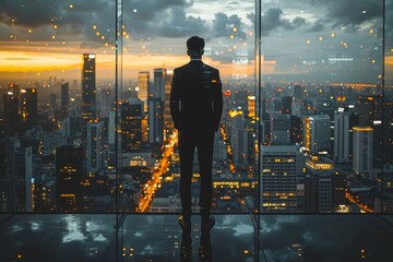 A contemplative businessman stands gazing at the city skyline at dusk, reflecting on aspirations