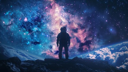 A man in a spacesuit stands on a rocky hill, looking up at the stars. The scene is set in a vast, colorful galaxy, with the man being the only visible human figure. Scene is one of wonder
