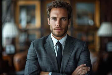 Fototapeta premium An attractive young businessman with intense blue eyes poses in a professional office environment