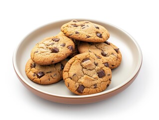 A plate filled with freshly baked chocolate chip cookies set against a white background