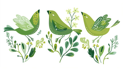 Pássaro verde e flores da primavera - Ilustração fofa - obrazy, fototapety, plakaty