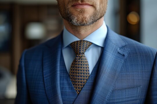 A detailed image of a man's luxury suit jacket and tie showcasing texture and business attire