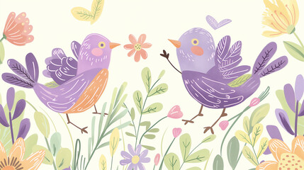 Pássaro roxo e flores da primavera - Ilustração fofa - obrazy, fototapety, plakaty