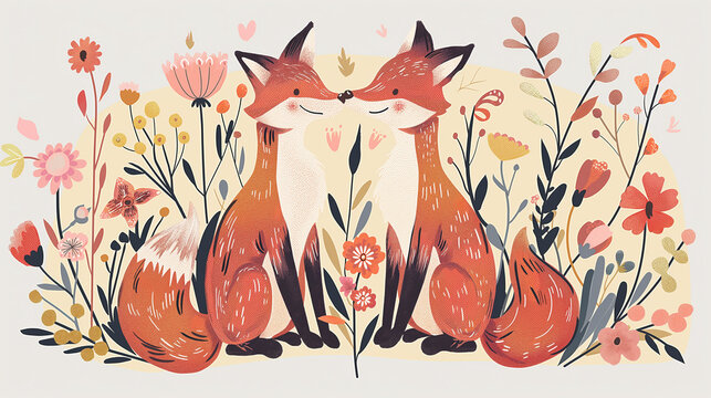 Raposas vermelhas e flores da primavera - Ilustração fofa