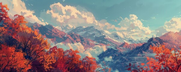 Fototapeta na wymiar Pastel anime-style illustration of colorful autumn foliage in the mountains