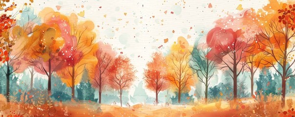 Watercolor illustration of a colorful forest in autumn