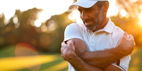 Man receiving a massage on his elbow at a golf course to relieve pain during a game. Concept Golf, Elbow Massage, Pain Relief, Sports Therapy, Wellness