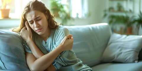 Fototapeta premium Woman sitting on a couch at home holding her elbow in pain possibly due to lateral epicondylitis or tennis elbow injury. Concept Pain management, Tennis elbow, Injury prevention, Home remedies
