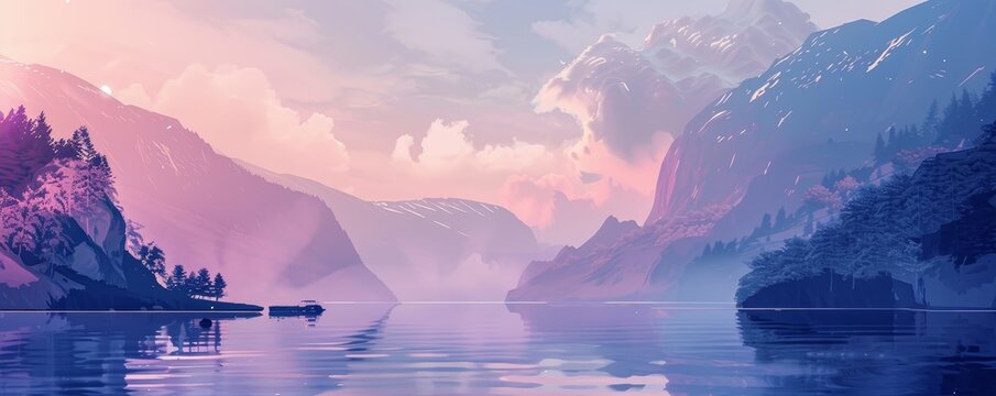 Pastel anime-style illustration of dramatic fjords at twilight