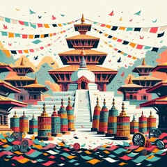  People celebrating festival in front of Nepali temple, traditional neapli dance, - obrazy, fototapety, plakaty