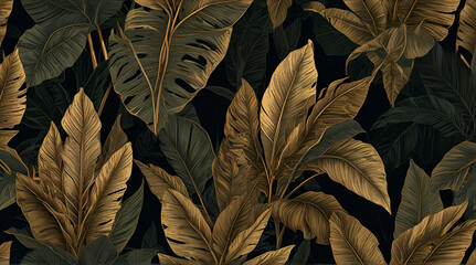 Tropical leaf Wallpaper, Luxury nature leaves pattern design, Golden banana leaf line arts, Hand drawn outline design for fabric , print, cover, banner and invitation, Vector illustration .Generative 