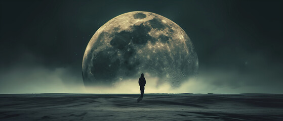panorama of a silhouette of a man wearing hoodie standing againts massive moon in space backdrop