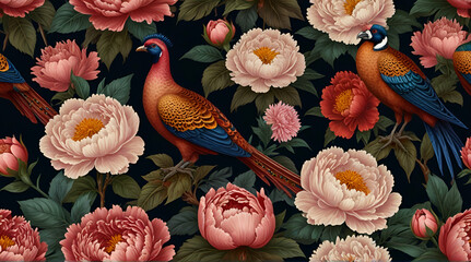 Seamless pattern with exotic bird pheasants and peony flowers .Generative AI

