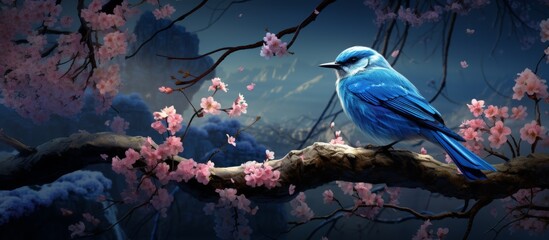 An electric blue bird with vibrant feathers is perched on a tree branch adorned with pink flowers. Its melodious song fills the air as it gracefully moves its wings and beak in a captivating gesture - obrazy, fototapety, plakaty