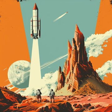 Retro future adventure 1960s space explorers on Mars vintage rockets alien landscapes thrill of discovery