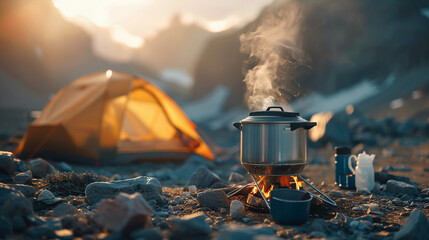 camping in mountains and a tent with stove - obrazy, fototapety, plakaty
