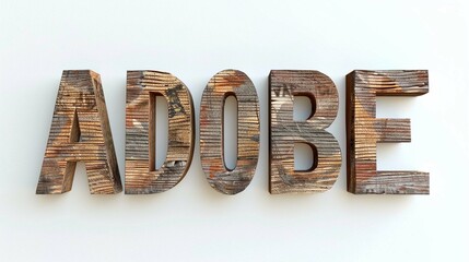 Rustic 3d wooden letters "ADOBE" cut out on white background