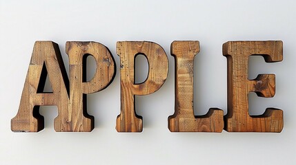 Rustic 3d wooden letters "APPLE" cut out on white background