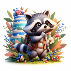 3d flat icon as Curious Raccoon Cake Explorer in watercolor hand drawing floral theme with isolated white background ,Full depth of field, high quality ,include copy space, No noise, creative idea