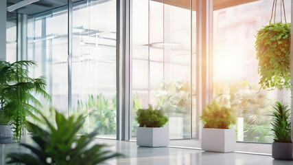 Blurred Modern Office Interior with Energy-Saving and Green Concept: Perfect for Earth Day