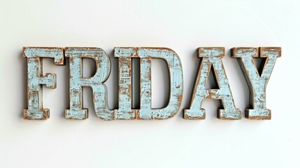 Rustic 3d wooden letters "FRIDAY" cut out on white background