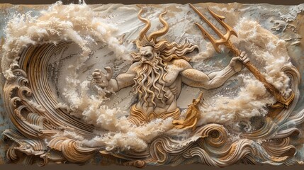 Poseidon with his trident commanding waves and sea creatures a storm brewing at his command