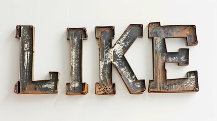 Rustic 3d wooden letters "LIKE" cut out on white background