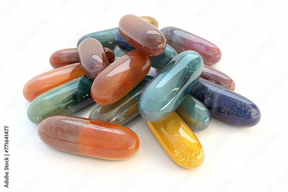 Wall mural Pile of multivitamin capsules their glossy surfaces reflecting light isolated on white emphasizing their role in daily wellness routines