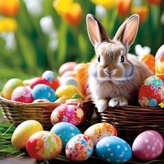 Immerse yourself in the magic of Easter with this captivating image of a adorable brown rabbit sitting happily in a wicker basket overflowing with vividly colored and patterned Easter eggs.