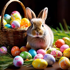 Capture the essence of spring with this delightful image featuring a curious rabbit nestled in a basket brimming with beautifully decorated Easter eggs, evoking a sense of joy and celebration.
