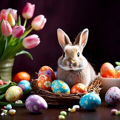 A heartwarming image of an adorable brown rabbit sitting contentedly in a wicker basket, surrounded by intricately decorated Easter eggs. The bunny's curious eyes add charm to this festive scene