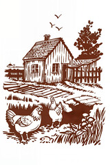 Engraving Landscape, Hen and Barn, Farm Life Etching, background for Country Lifestyle, Nature Concept, Agritourism Marketing, Rustic Home Decor Inspiration, Card, Poster, Illustration , Banner, Tag