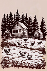 Engraving Landscape, Hen and Barn, Farm Life Etching, background for Country Lifestyle, Nature Concept, Agritourism Marketing, Rustic Home Decor Inspiration, Card, Poster, Illustration , Banner, Tag