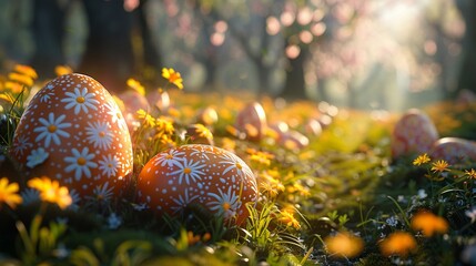 3D-rendered Easter egg hunt in a fairy-tale forest magical - obrazy, fototapety, plakaty