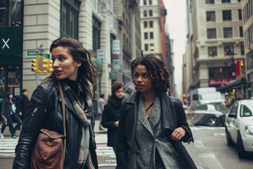 Two women walking down a bustling city street, surrounded by urban buildings and traffic