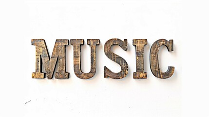 Rustic 3d wooden letters "MUSIC" cut out on white background