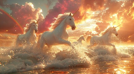 A 3D-rendered fantasy landscape where unicorns leap over rainbows