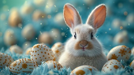Fototapeta na wymiar A 3D-rendered fluffy white Easter bunny sitting amidst Easter eggs