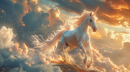A 3D-rendered spectacle of unicorns prancing on the clouds leaving trails of rainbows in their wake - obrazy, fototapety, plakaty