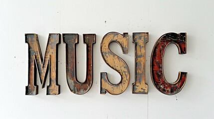 Rustic 3d wooden letters "MUSIC" cut out on white background