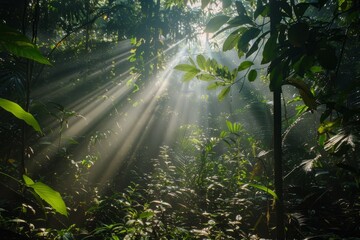 Sunlight shines through dense jungle canopy, creating dramatic shadows and patterns on the forest floor