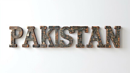 Rustic 3d wooden letters "PAKISTAN" cut out on white background