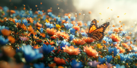 Beautiful cartoon 3D butterfly sitting on a flower in a colorful whimsical garden. Summer and blooming meadow