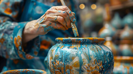 Elderly people enjoy painting ceramic bowls with brushes, showcasing creativity and artistry in a leisurely activity.